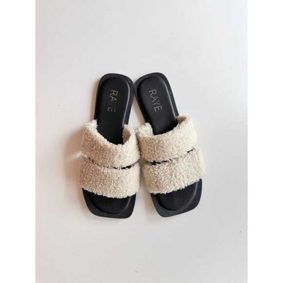 RAYE Lounge Natural Ivory Faux Shearling Fur Slides Sandals Flats, Size 5.5 - Picture 2 of 9